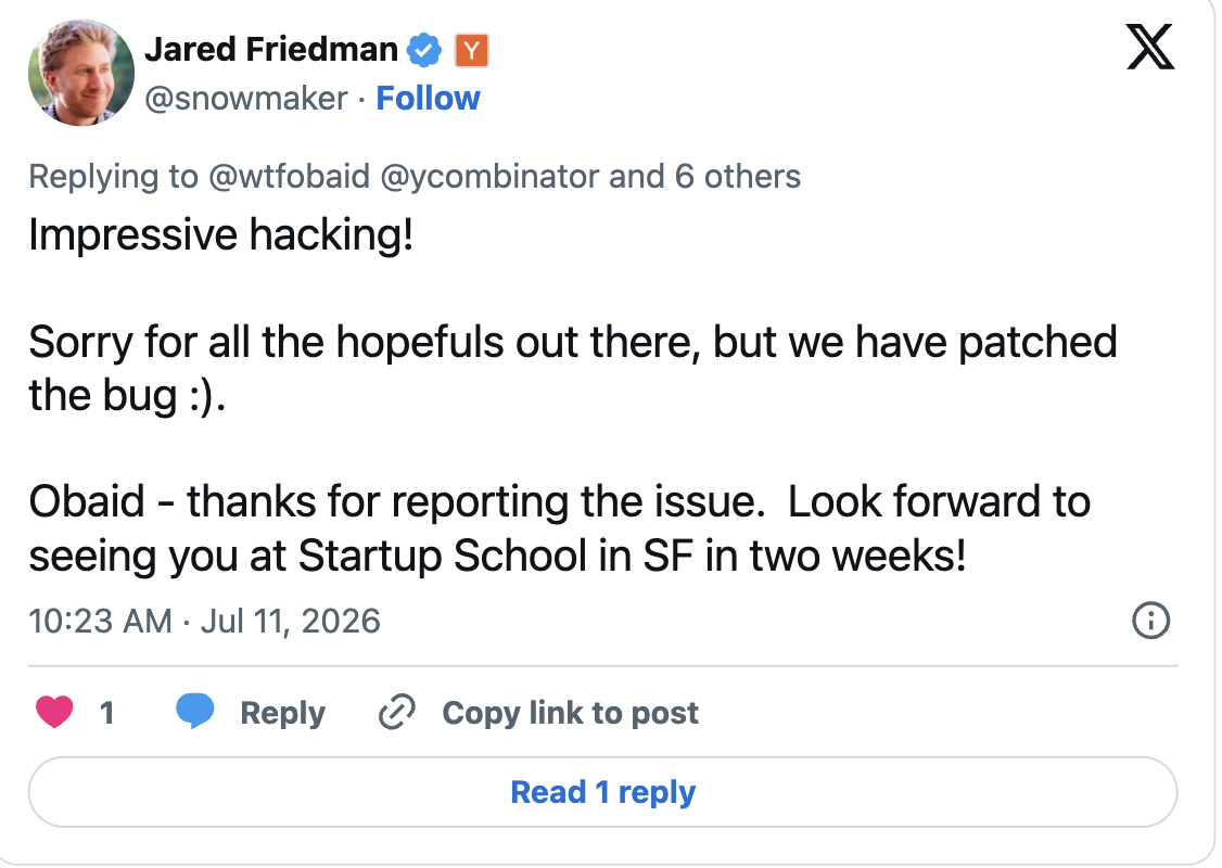 Obaid hacks YC's Paxel founder rankings, gets Startup School invite 图片 1