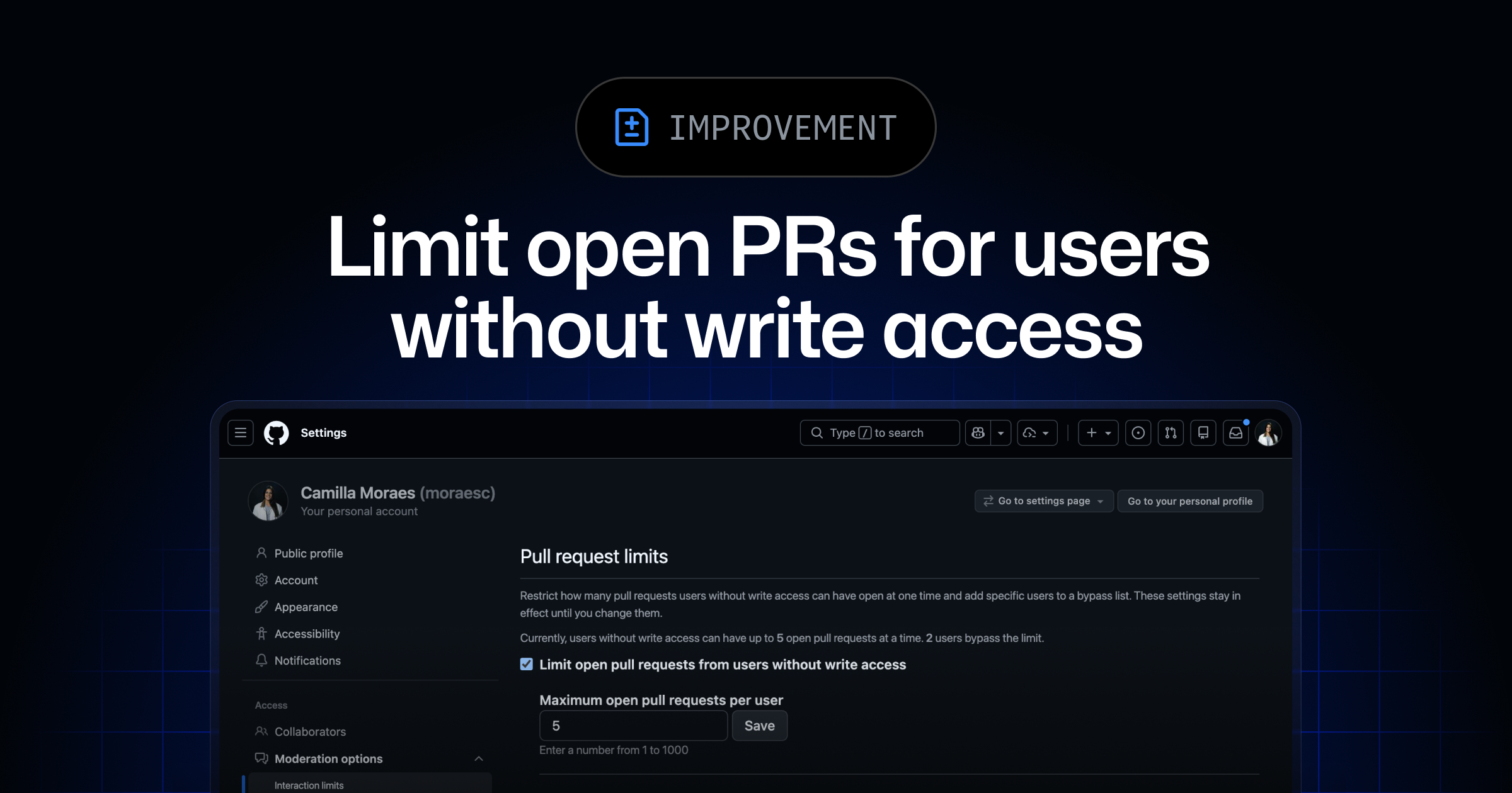 Limit open pull requests for users without write access – GitHub Changelog 图片 1