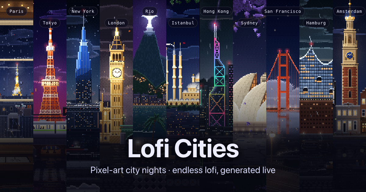 Lofi 城市 – 像素艺术城市夜景，搭配浏览器生成的 lofi 音乐 图片 1