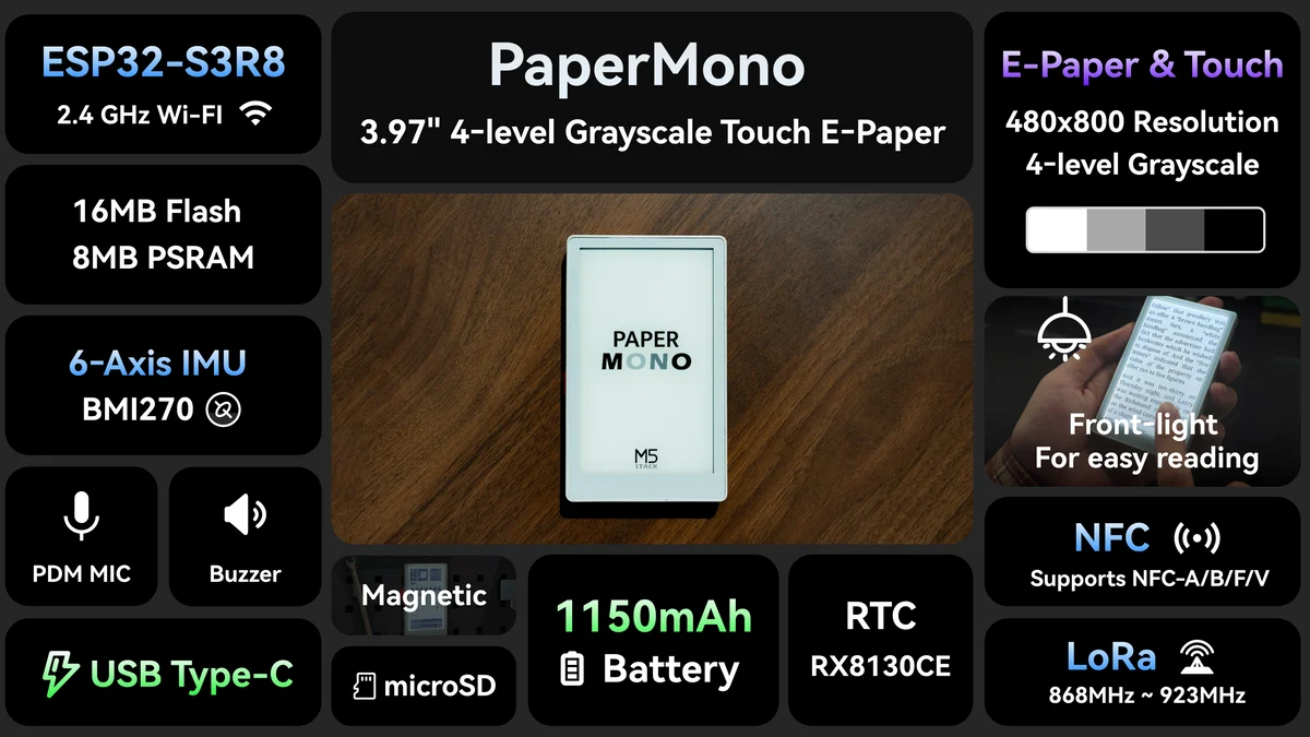 M5Stack发布PaperMono电子纸开发终端 图片 1