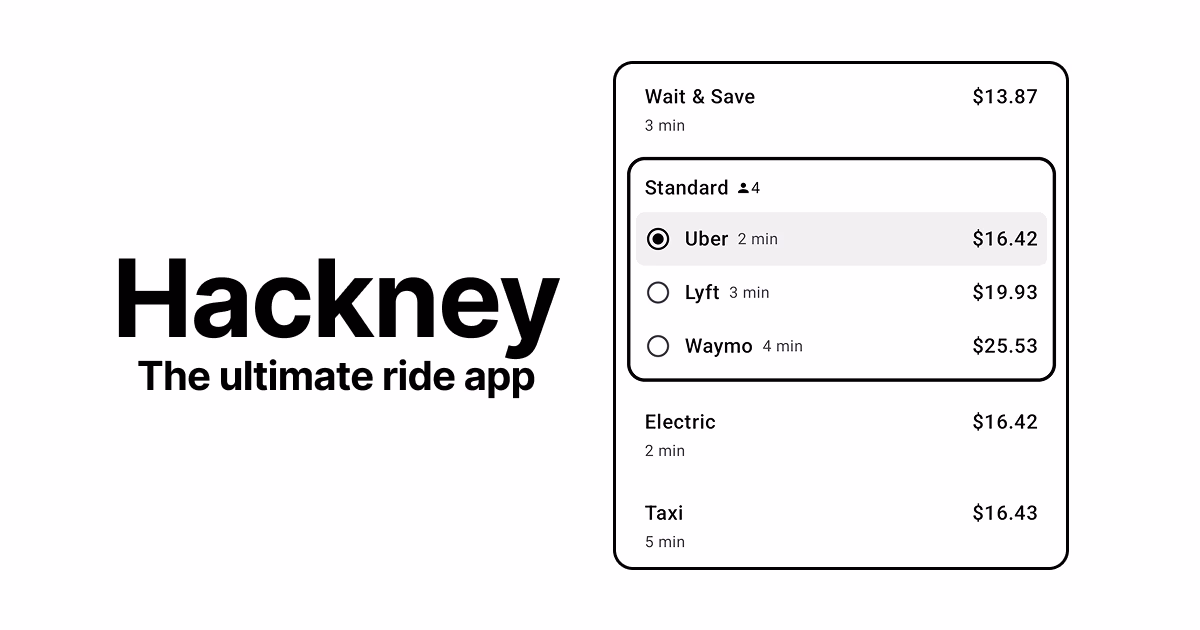 Hackney – Compare Uber, Lyft, Waymo, and Robotaxi Prices 图片 1
