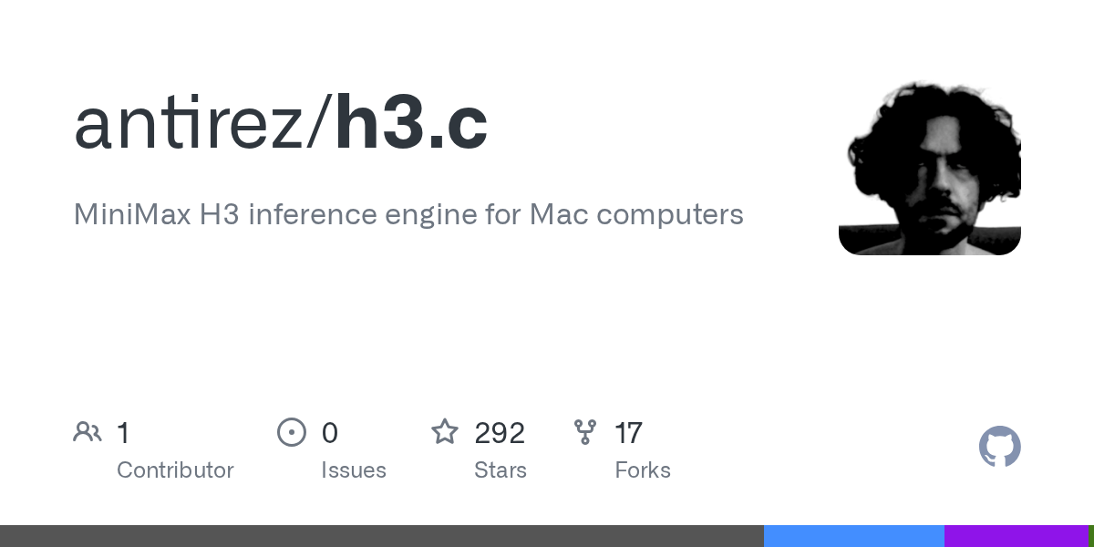 Antirez/h3.c: MiniMax H3 inference engine for Mac computers 图片 1