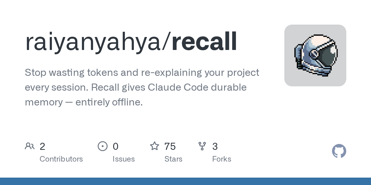 Recall – fully-local project memory for Claude Code 图片 1