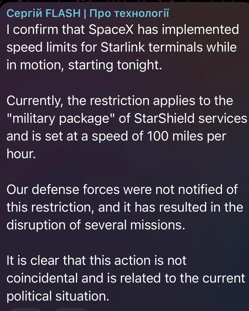 SpaceX 在乌克兰对 Starlink 终端启用 100 英里/小时限速限制 图片 1