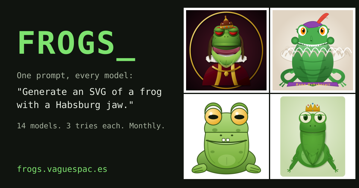 My personal AI benchmark: "Generate an SVG of a frog with a Habsburg jaw." 图片 1