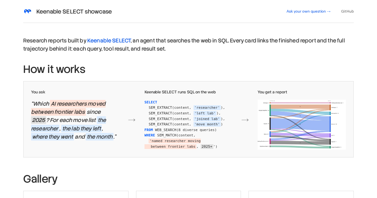 Keenable SELECT：用 SQL 搜索网页的 AI 智能体 图片 1
